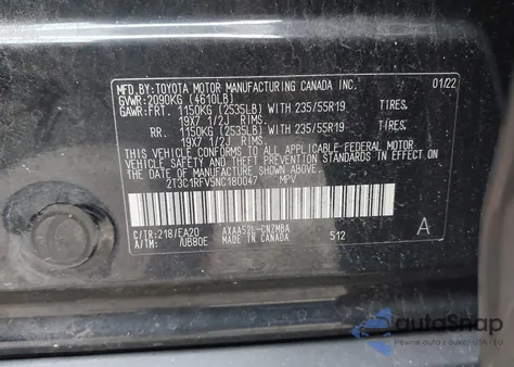 2022 Toyota Rav4 Xle Premium z USA, uszkodzony, nr VIN 2T3C1RFV5NC180047